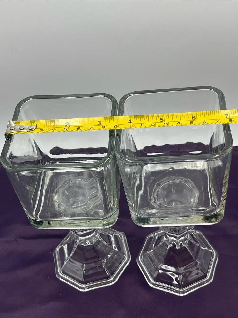 Vintage Pressed Glass Candle Holders Square Top Hexagonal Stem Pedestal Set of 2